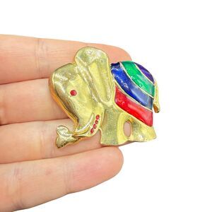 Vintage Jewelry Gold Tone Colorful Elephant Brooch Pin